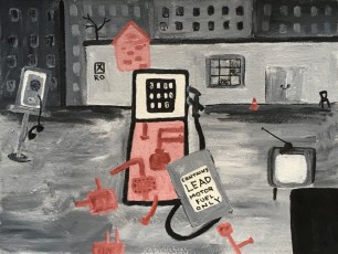 "Decomposing Gas Pump #3 with phone booth" by Barbara WilsonAcrylic on Saunders Waterford Rough paperDimension: 12"X9";2 @ 9"x12"Price: $400