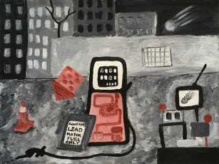 "Decomposing Gas Pump #5 with comets" by Barbara WilsonAcrylic on Saunders Waterford Rough paperDimension: 12"X9";2 @ 9"x12"Price: $400