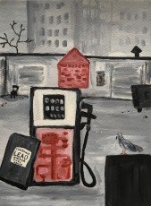 "Decomposing Gas Pump #1 with dinosaur/pigeon" by Barbara WilsonAcrylic on Saunders Waterford Rough paperDimension: 12"X9";2 @ 9"x12"Price: $400